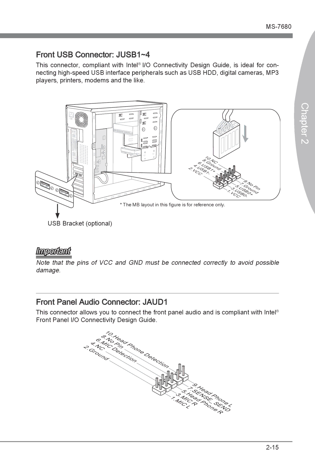 MSI H67MS-E33 (B3) manual Front USB Connector JUSB1~4, Front Panel Audio Connector JAUD1 