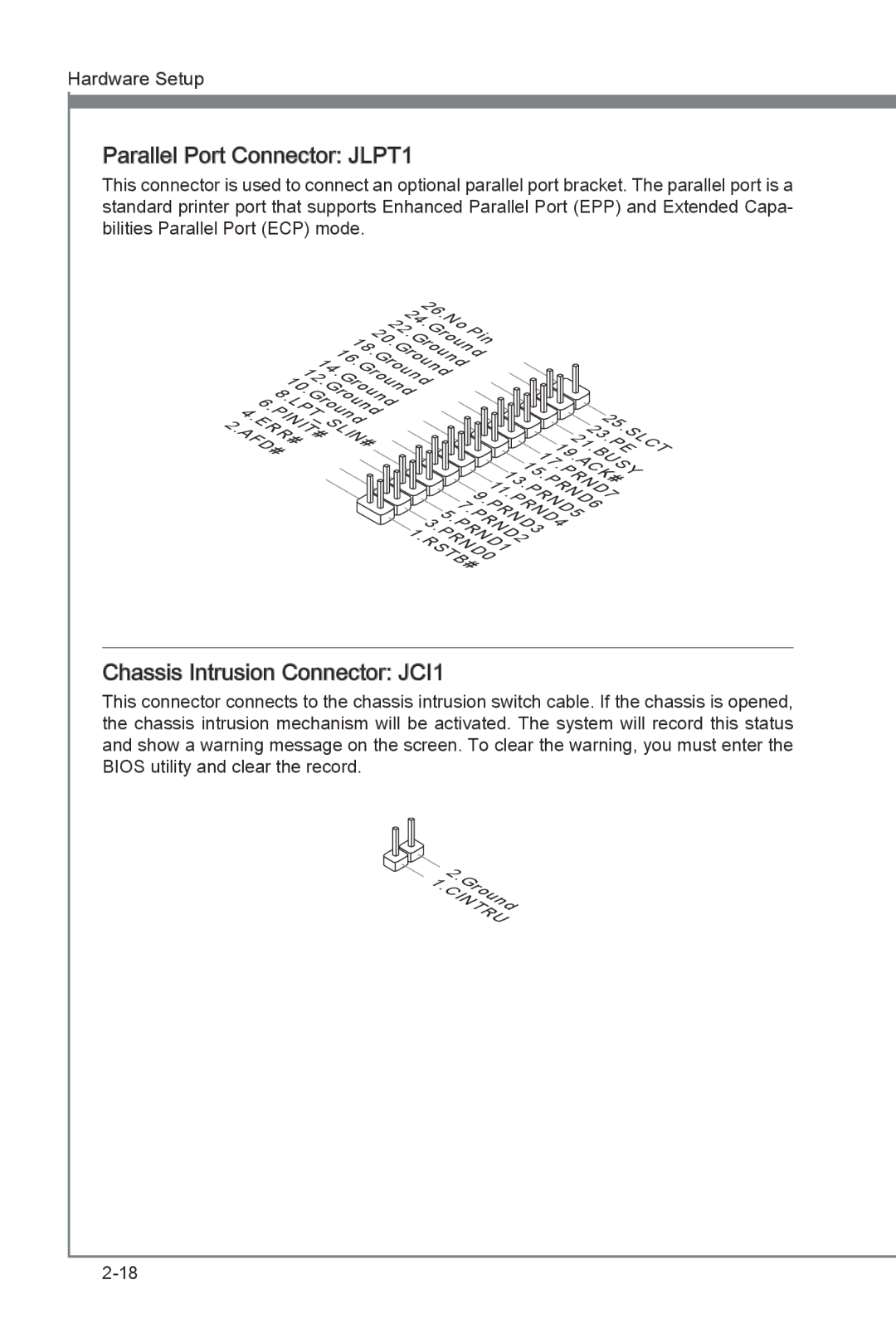 MSI H67MS-E33 (B3) manual Parallel Port Connector JLPT1, Chassis Intrusion Connector JCI1 