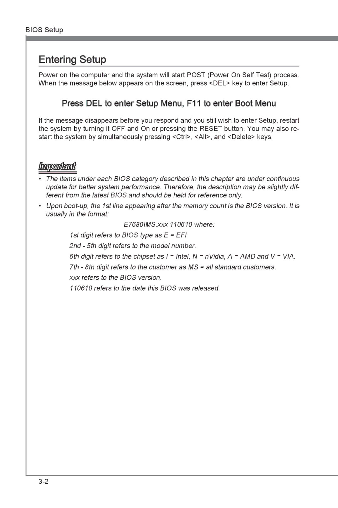 MSI H67MS-E33 (B3) manual Entering Setup, Press DEL to enter Setup Menu, F11 to enter Boot Menu 