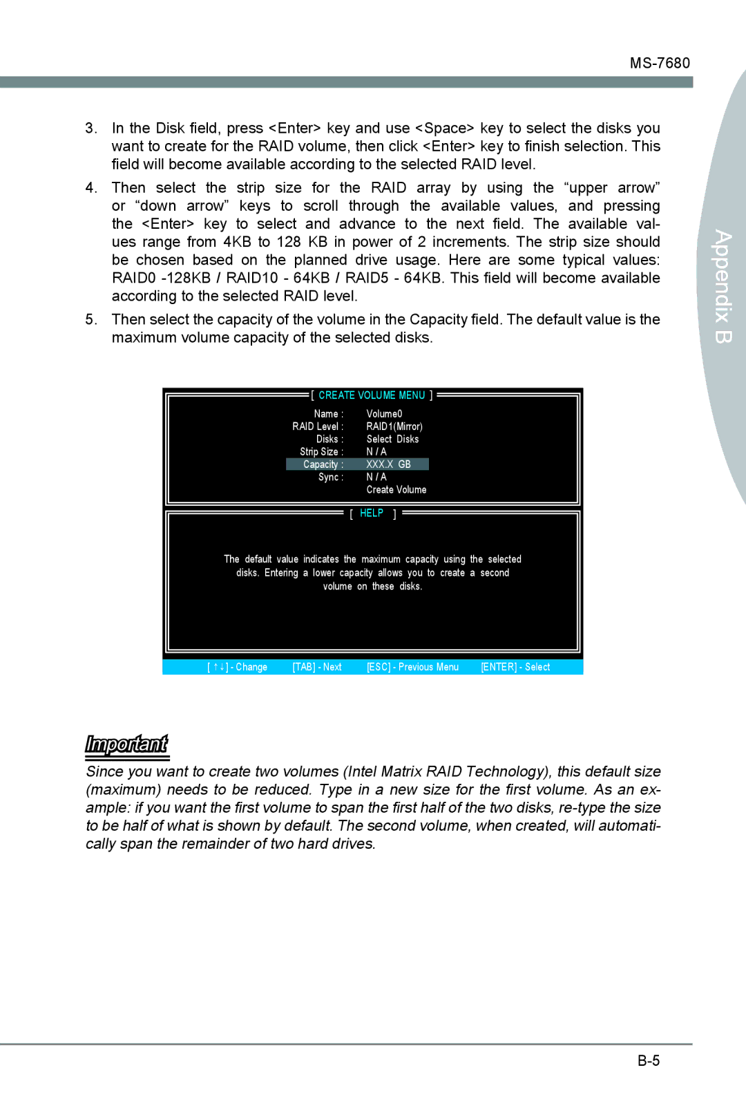 MSI H67MS-E33 (B3) manual For RAID array by using the upper arrow Or down arrow Keys 