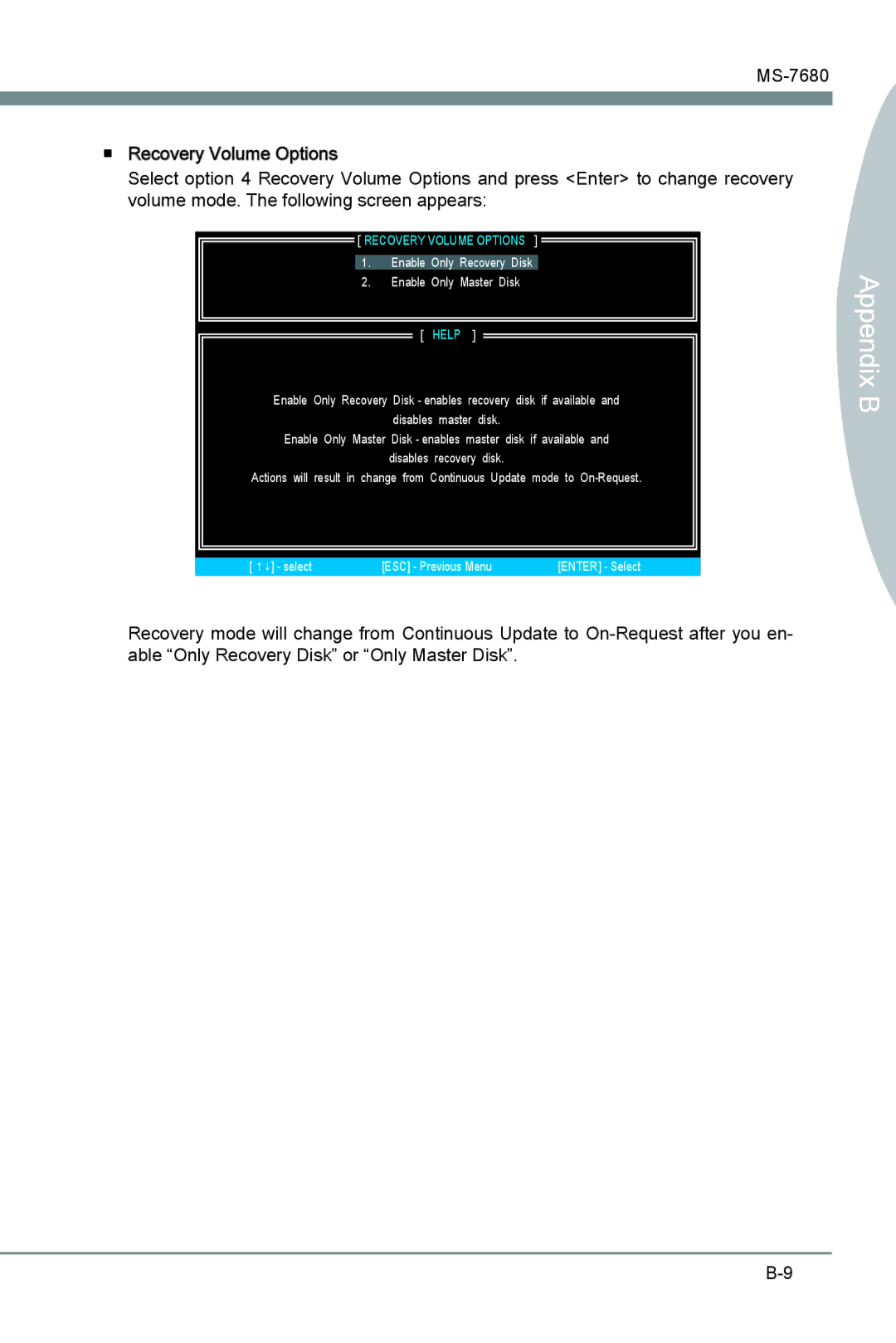 MSI H67MS-E33 (B3) manual Recovery Volume Options 