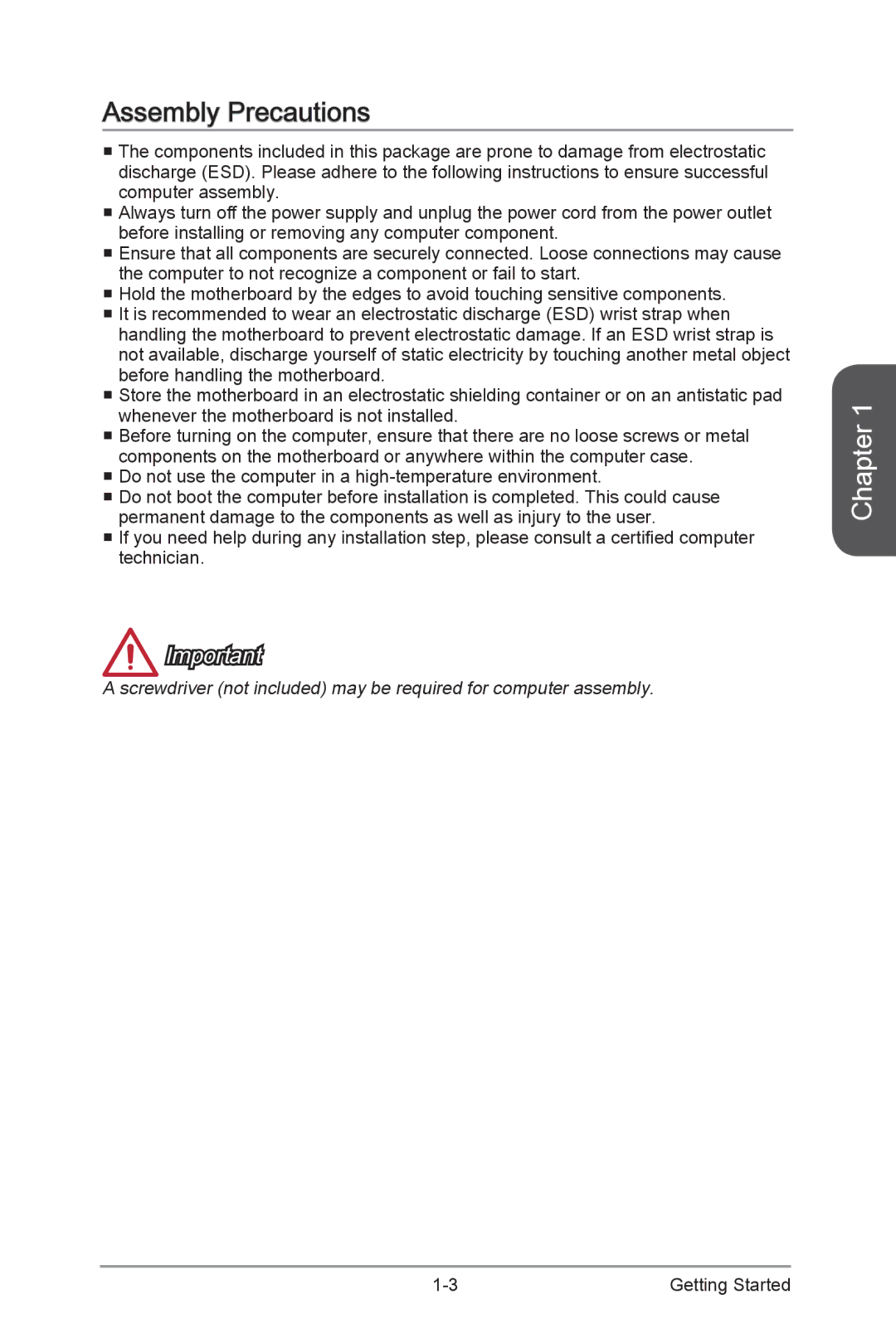 MSI H87M-G43 manual Assembly Precautions 