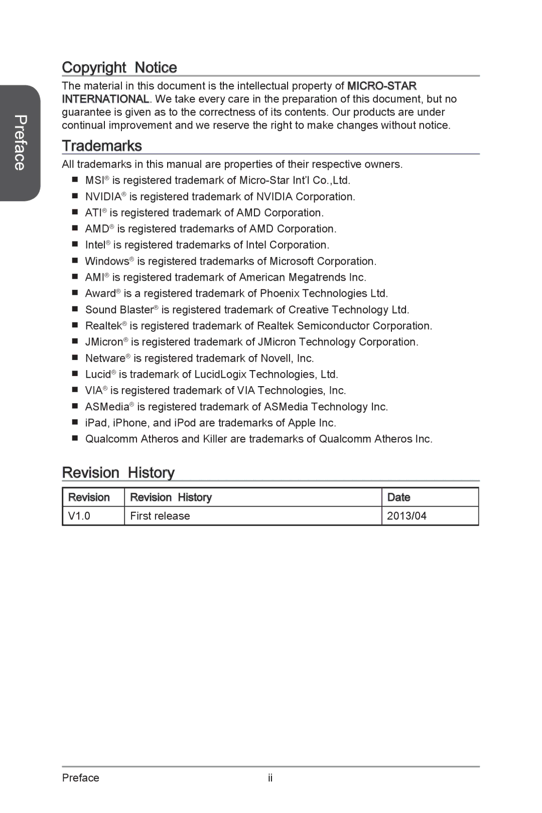 MSI H87M-G43 manual Preface 