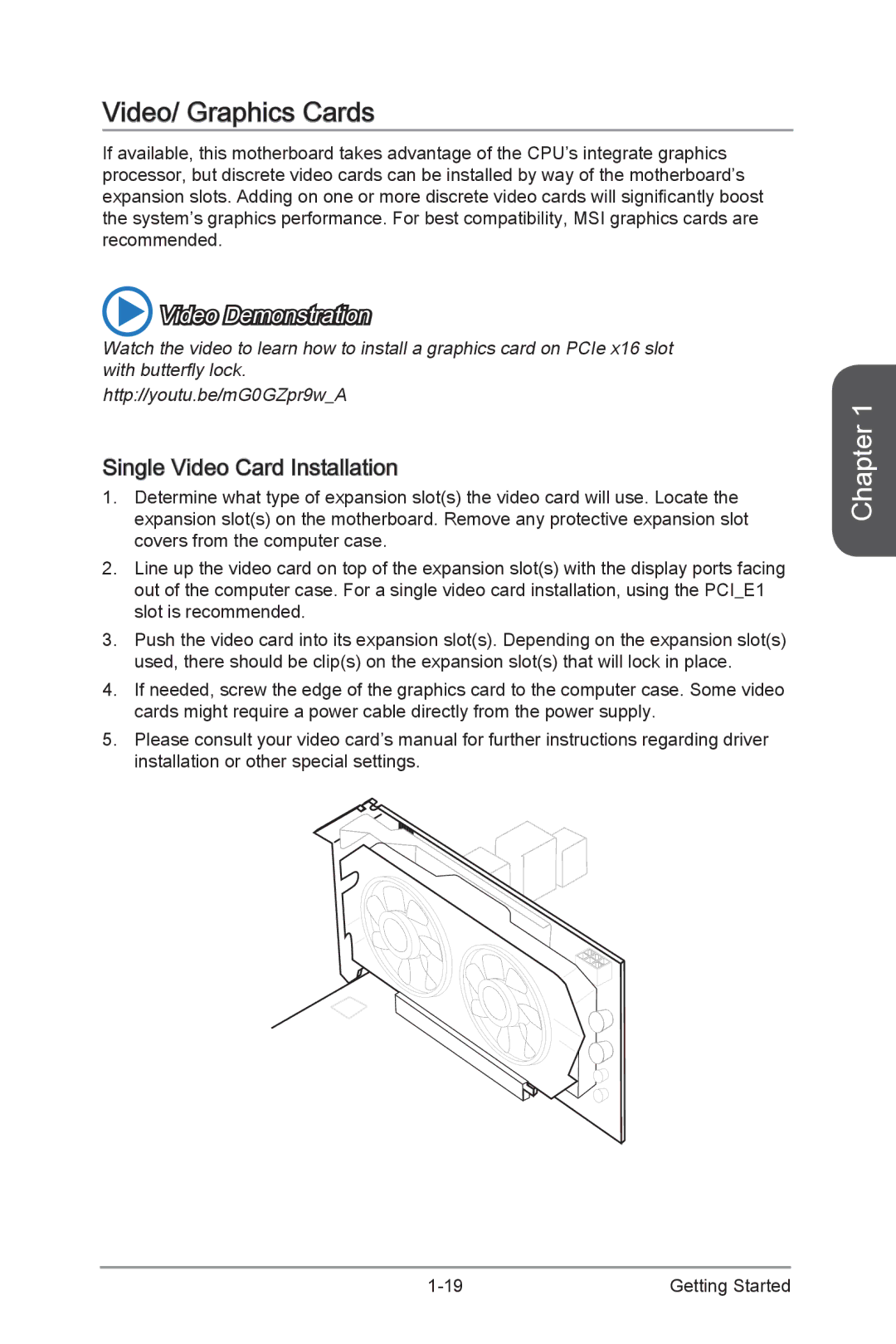 MSI H87M-G43 manual Video/ Graphics Cards, Single Video Card Installation 