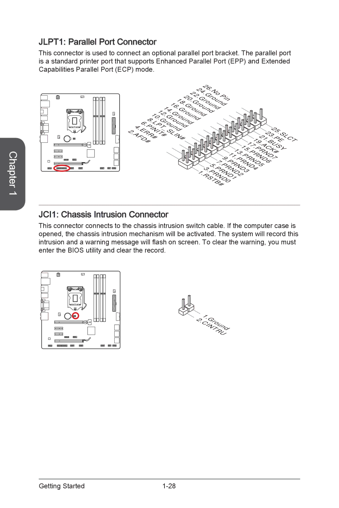 MSI H87M-G43 manual JLPT1 Parallel Port Connector, JCI1 Chassis Intrusion Connector 