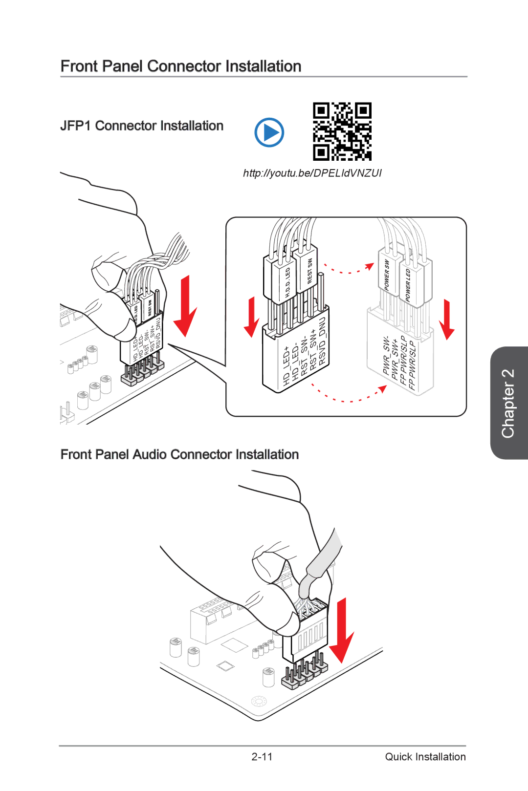 MSI H87M-G43 Front Panel Connector Installation, JFP1 Connector Installation, Front Panel Audio Connector Installation 