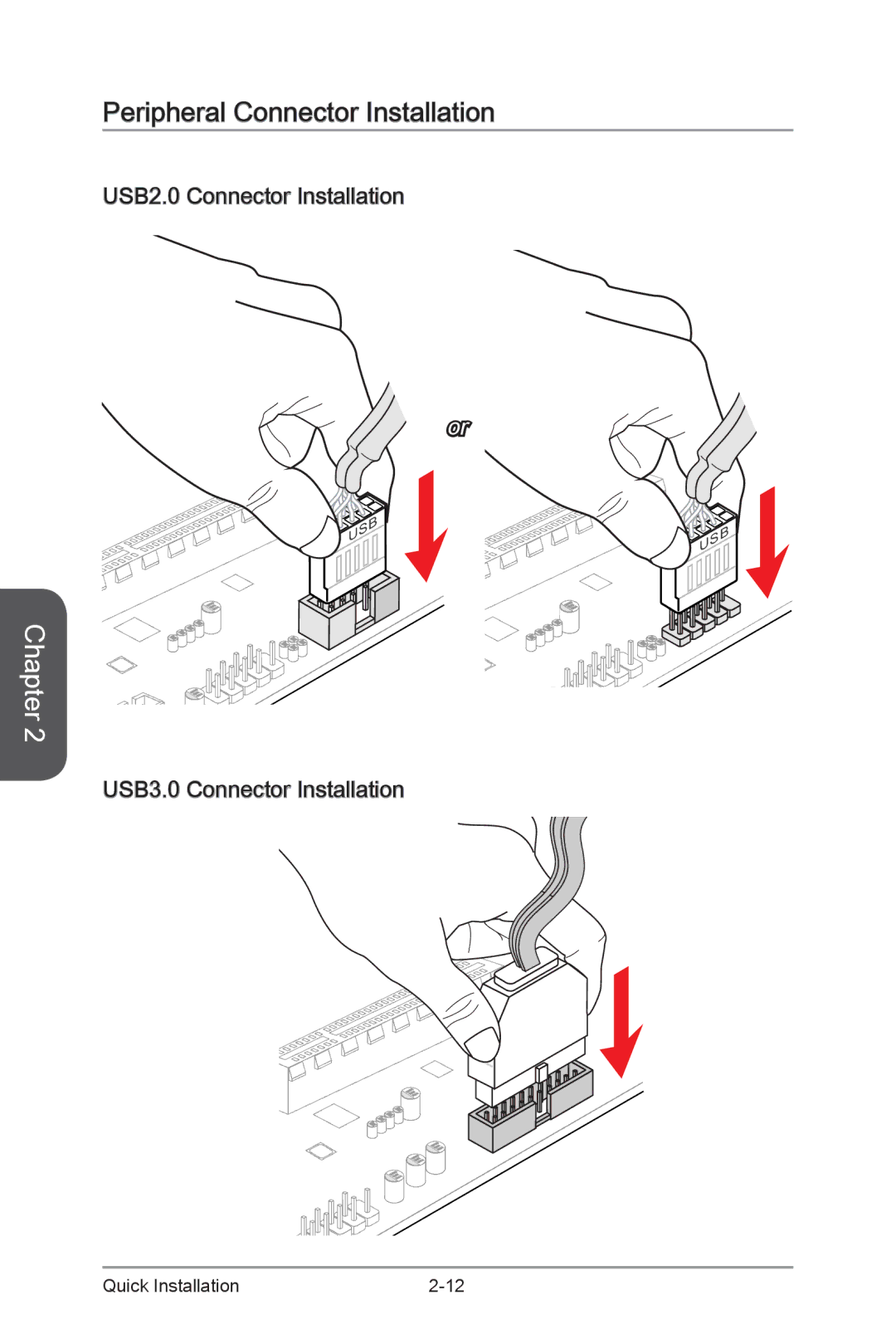 MSI H87M-G43 manual Peripheral Connector Installation, USB2.0 Connector Installation, USB3.0 Connector Installation 