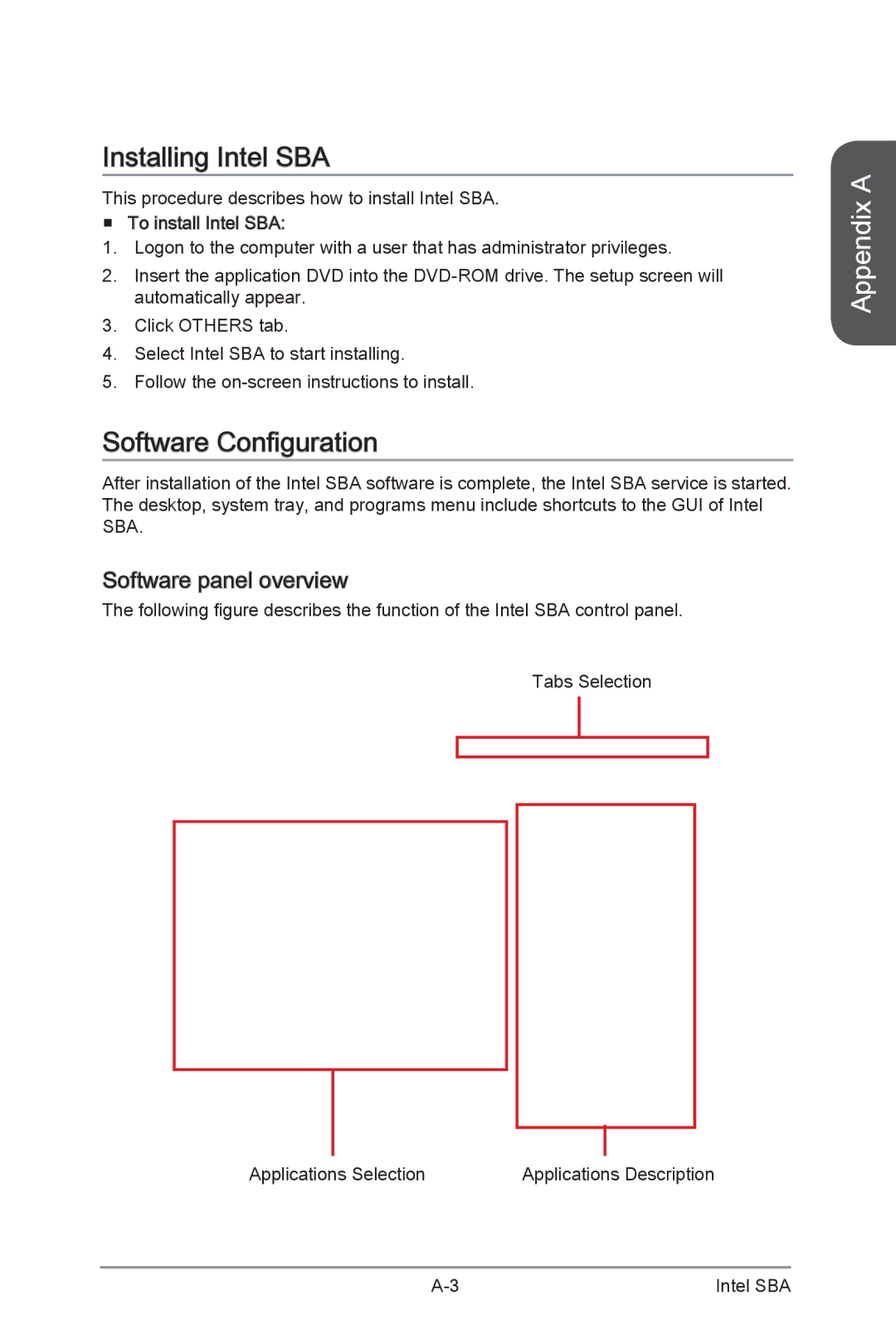 MSI H87M-G43 manual Installing Intel SBA, Software Configuration, Software panel overview 