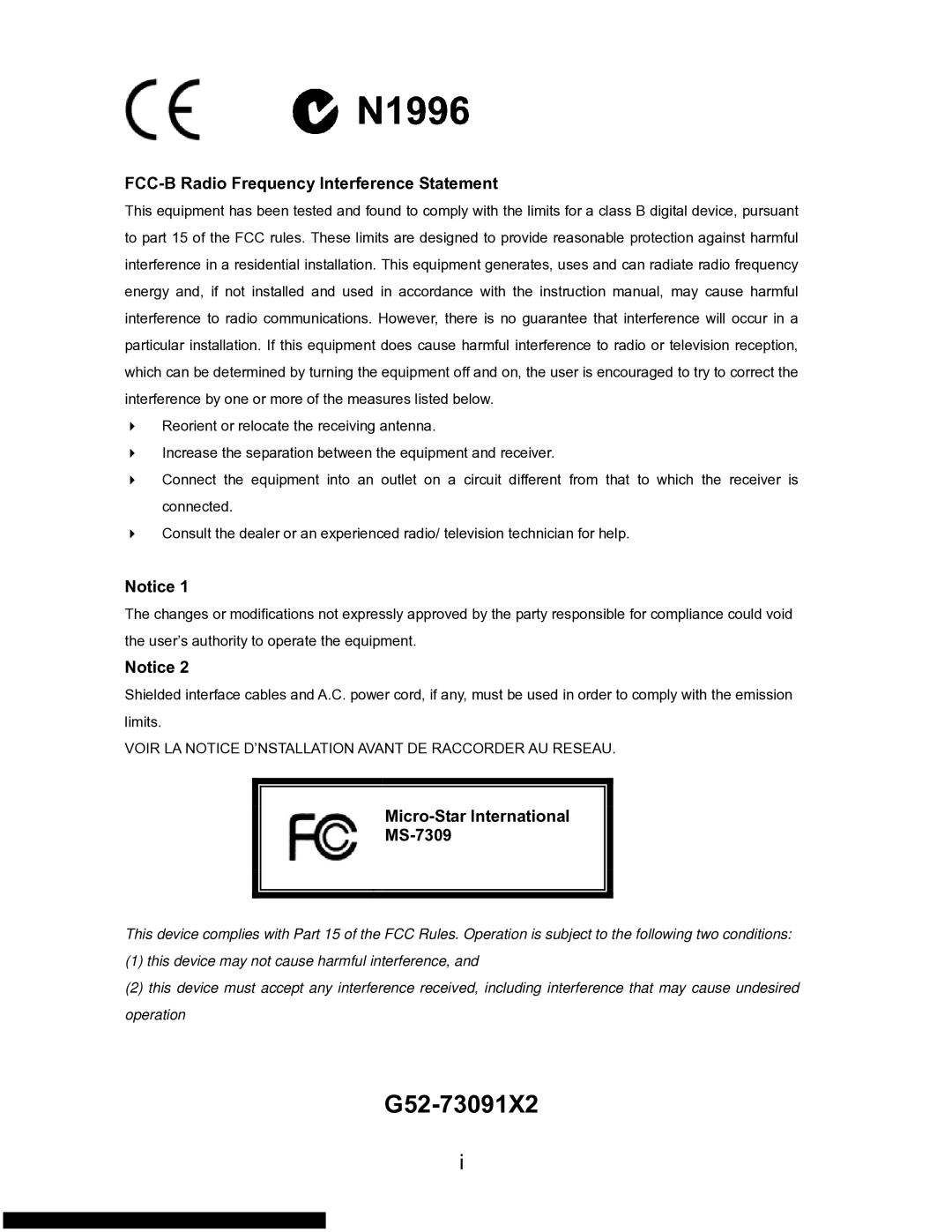 MSI K9N6SGM-V manual FCC-B Radio Frequency Interference Statement, Micro-Star International MS-7309 