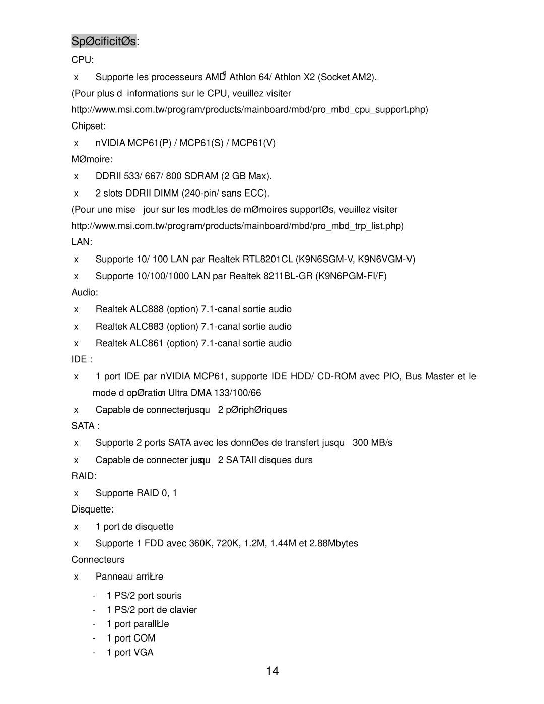 MSI K9N6SGM-V manual Spécificités, Mémoire, Disquette, Connecteurs 