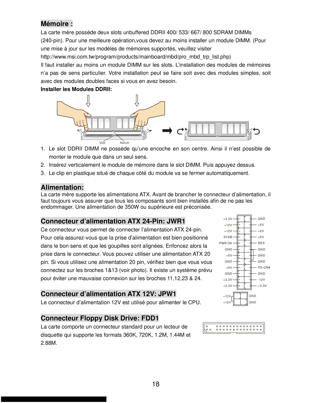 MSI K9N6SGM-V Mémoire, Alimentation, Connecteur d’alimentation ATX 24-Pin JWR1, Connecteur d’alimentation ATX 12V JPW1 