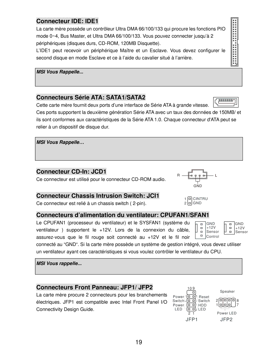 MSI K9N6SGM-V manual Connecteur IDE IDE1, Connecteurs Série ATA SATA1/SATA2, Connecteur CD-In JCD1 