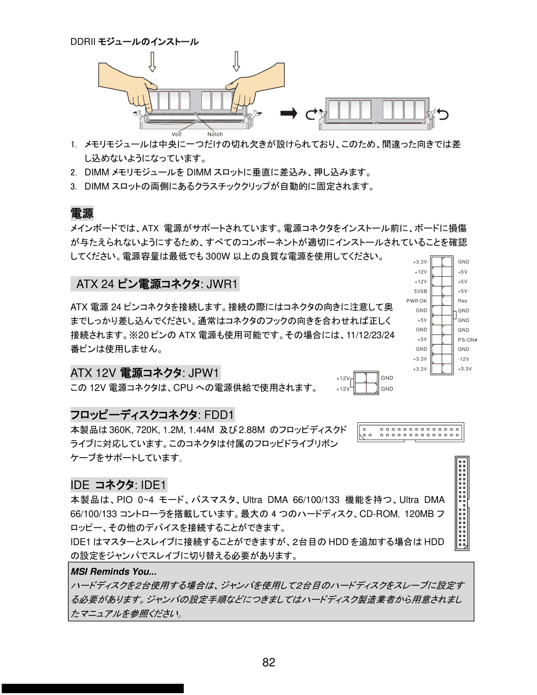 MSI K9N6SGM-V manual IDE コネクタ IDE1, Ddrii モジュールのインストール 