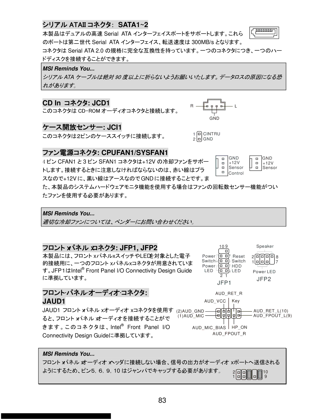 MSI K9N6SGM-V manual ファン電源コネクタ CPUFAN1/SYSFAN1, フロントパネルコネクタ JFP1, JFP2 