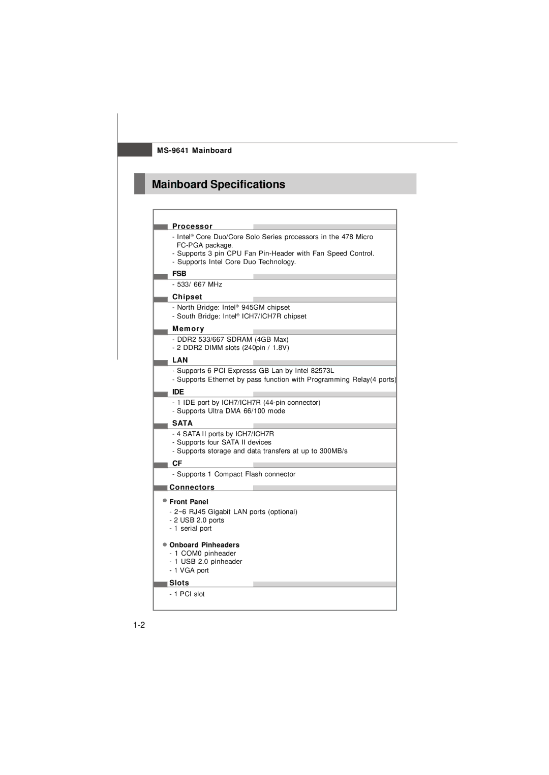 MSI Keeper 945GM manual Mainboard Specifications, Fsb, Lan, Ide, Sata 