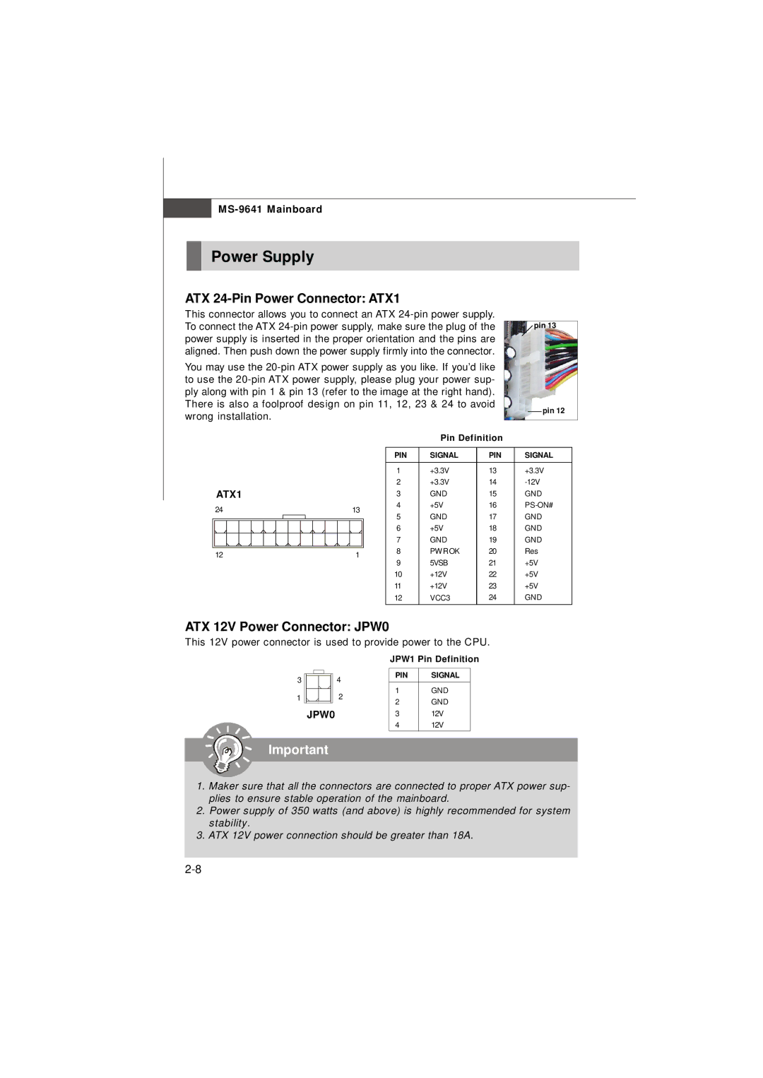 MSI Keeper 945GM manual Power Supply, ATX 24-Pin Power Connector ATX1, ATX 12V Power Connector JPW0 