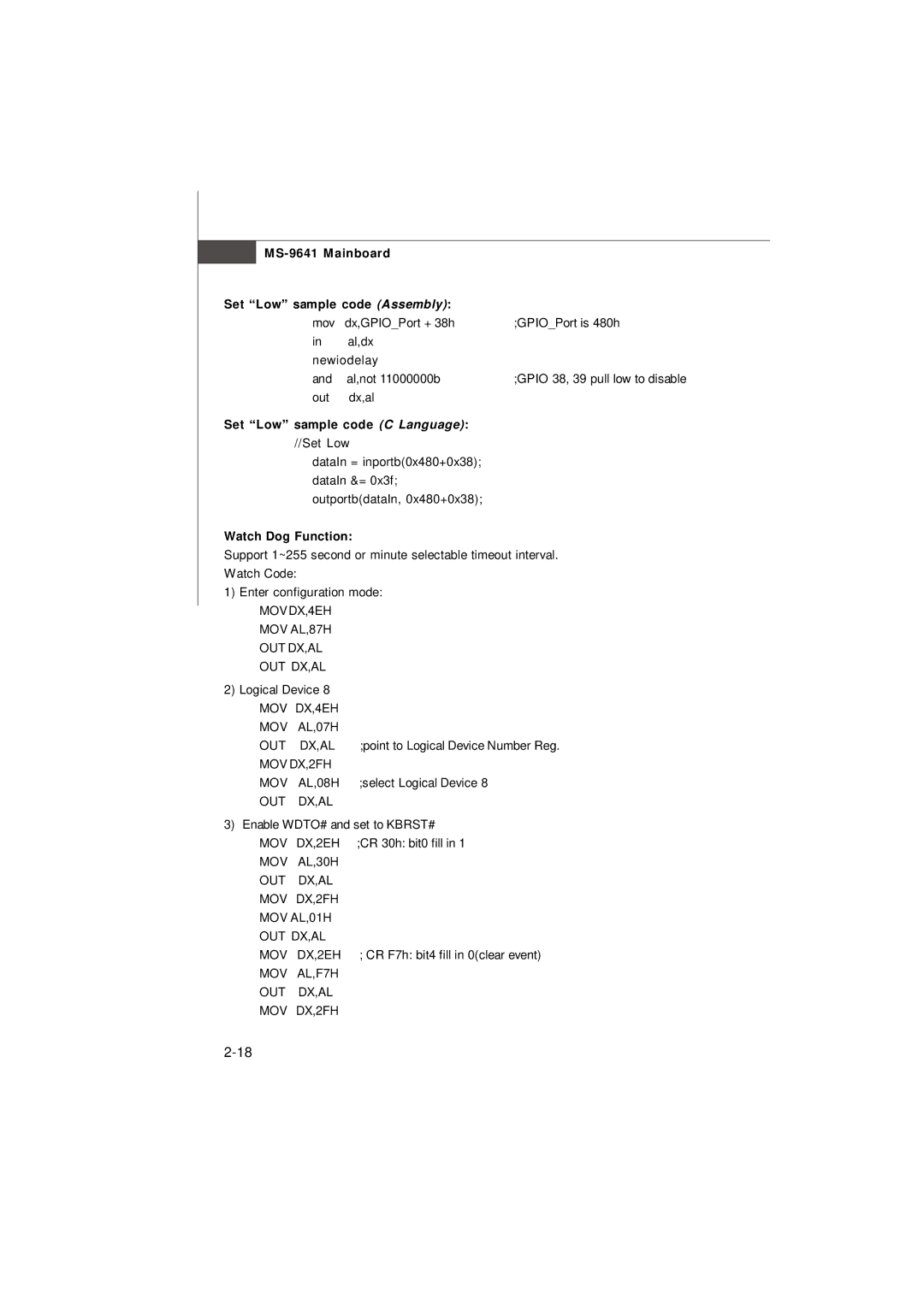 MSI Keeper 945GM manual MS-9641 Mainboard Set Low sample code Assembly, Set Low sample code C Language, Watch Dog Function 