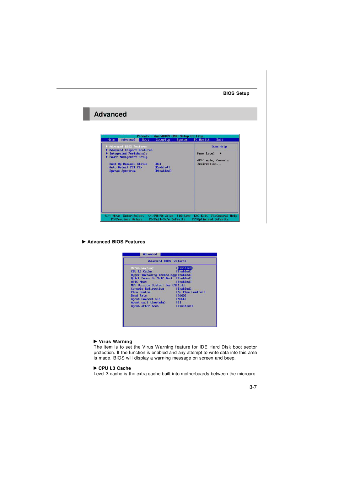 MSI Keeper 945GM manual Advanced Bios Features Virus Warning, CPU L3 Cache 