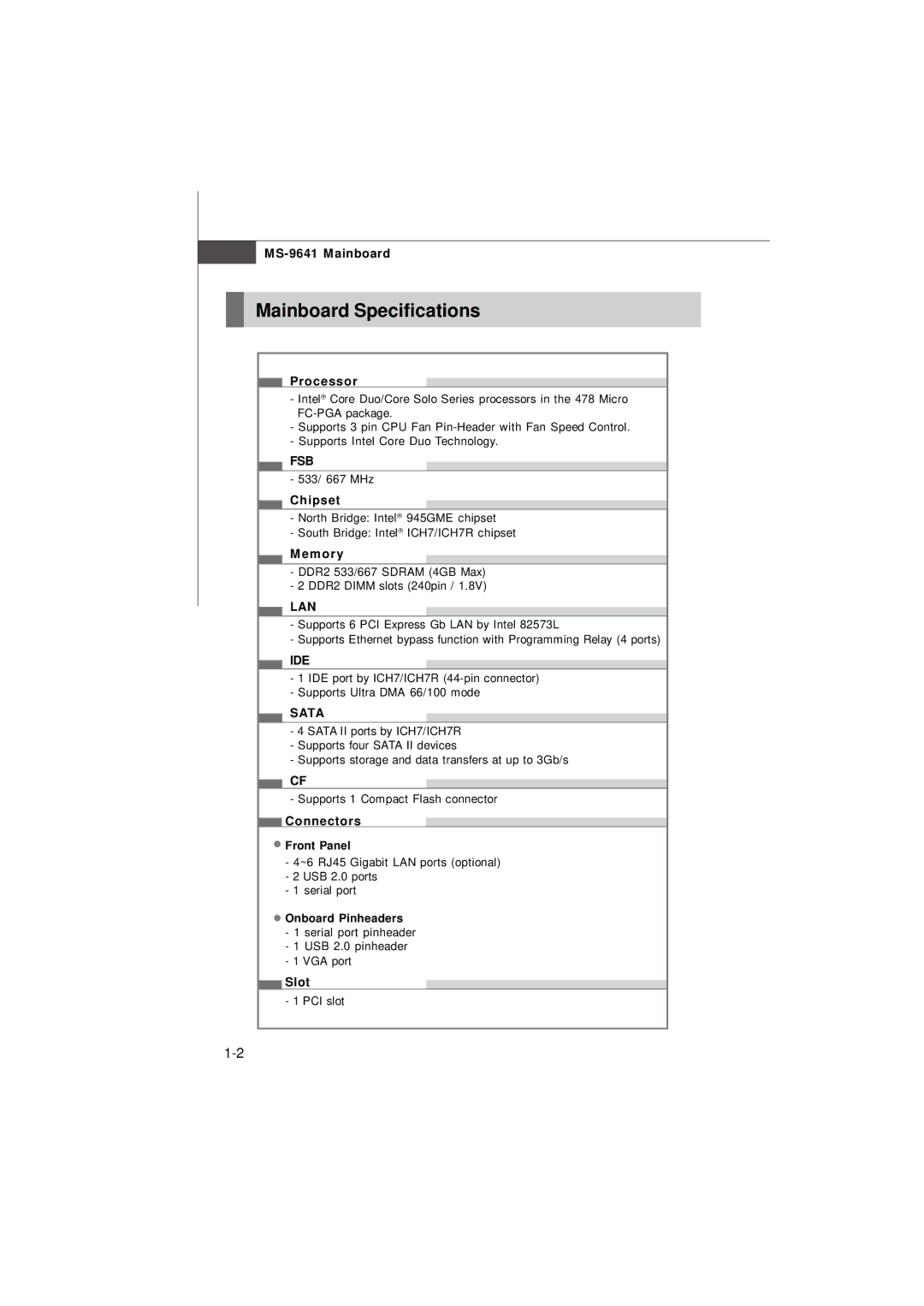 MSI Keeper 945GME manual Mainboard Specifications, Fsb, Lan, Ide, Sata 