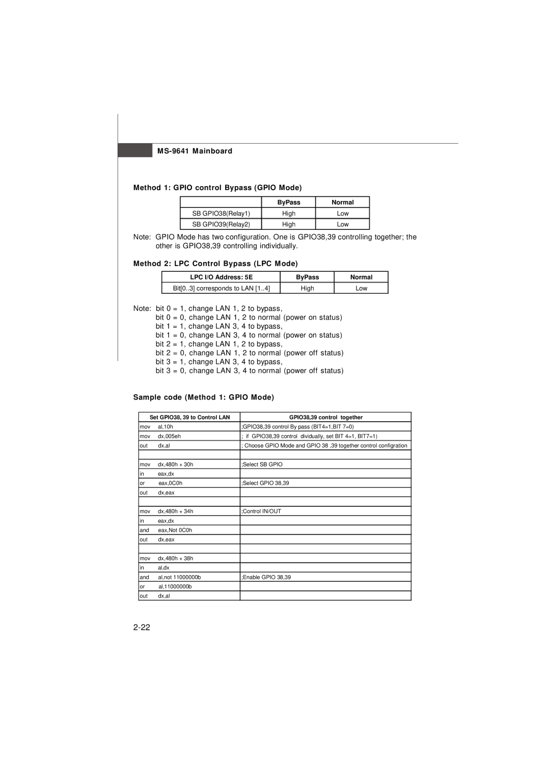 MSI Keeper 945GME manual MS-9641 Mainboard Method 1 Gpio control Bypass Gpio Mode, Method 2 LPC Control Bypass LPC Mode 