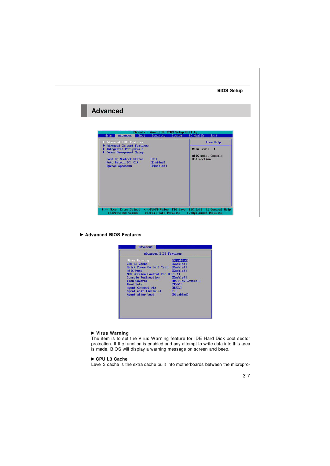 MSI Keeper 945GME manual Advanced Bios Features Virus Warning, CPU L3 Cache 