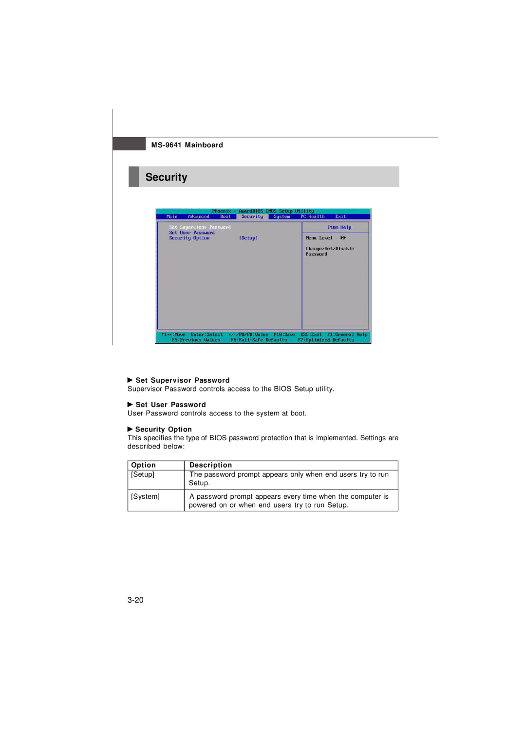 MSI Keeper 945GME manual Set Supervisor Password, Set User Password, Security Option, Option Description 