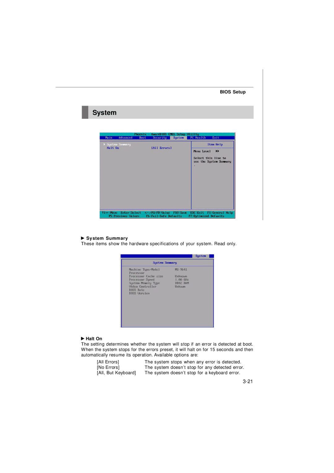 MSI Keeper 945GME manual System Summary, Halt On 