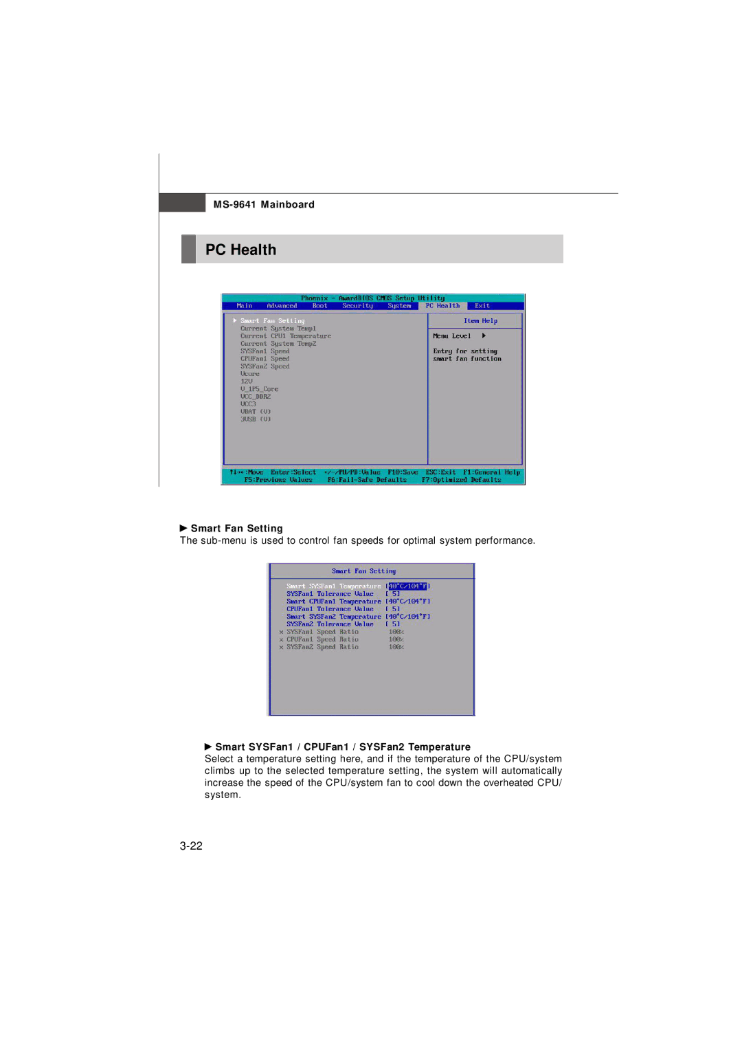 MSI Keeper 945GME manual PC Health, Smart Fan Setting, Smart SYSFan1 / CPUFan1 / SYSFan2 Temperature 