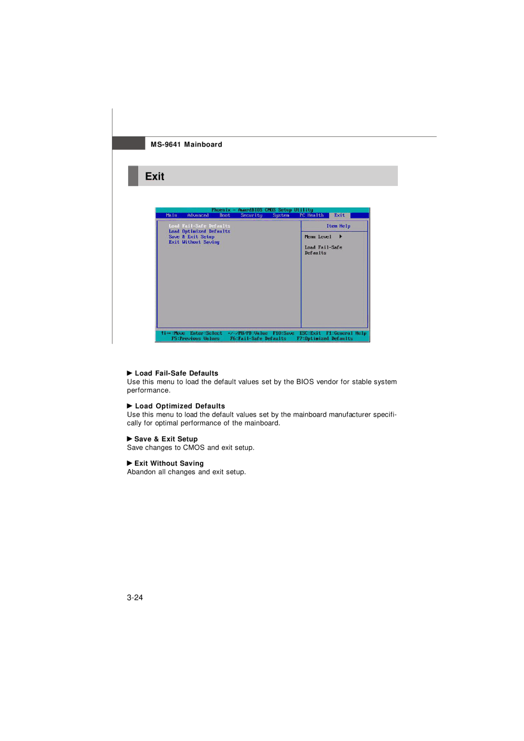 MSI Keeper 945GME manual Load Fail-Safe Defaults, Load Optimized Defaults, Save & Exit Setup, Exit Without Saving 