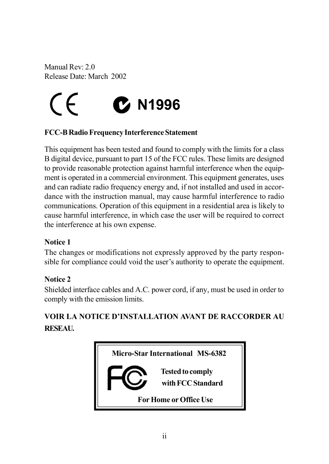 MSI ms-6382 manual Voir LA Notice D’INSTALLATION Avant DE Raccorder AU Reseau 