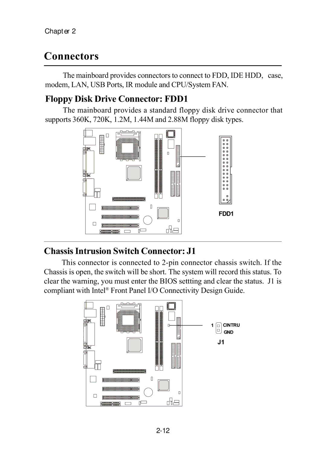 MSI ms-6382 manual Connectors, Floppy Disk Drive Connector FDD1, Chassis Intrusion Switch Connector J1 