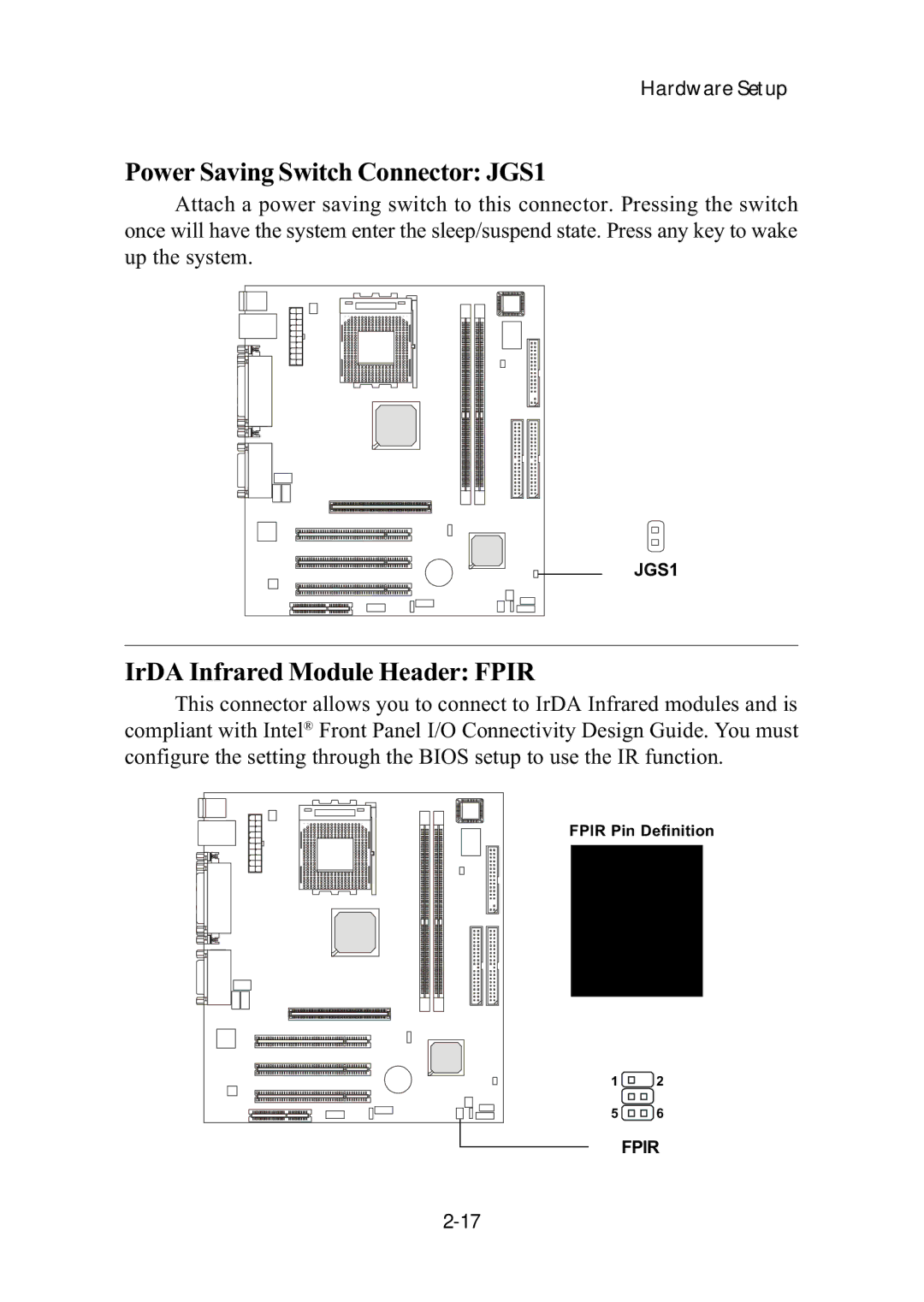 MSI ms-6382 manual Power Saving Switch Connector JGS1, IrDA Infrared Module Header Fpir 