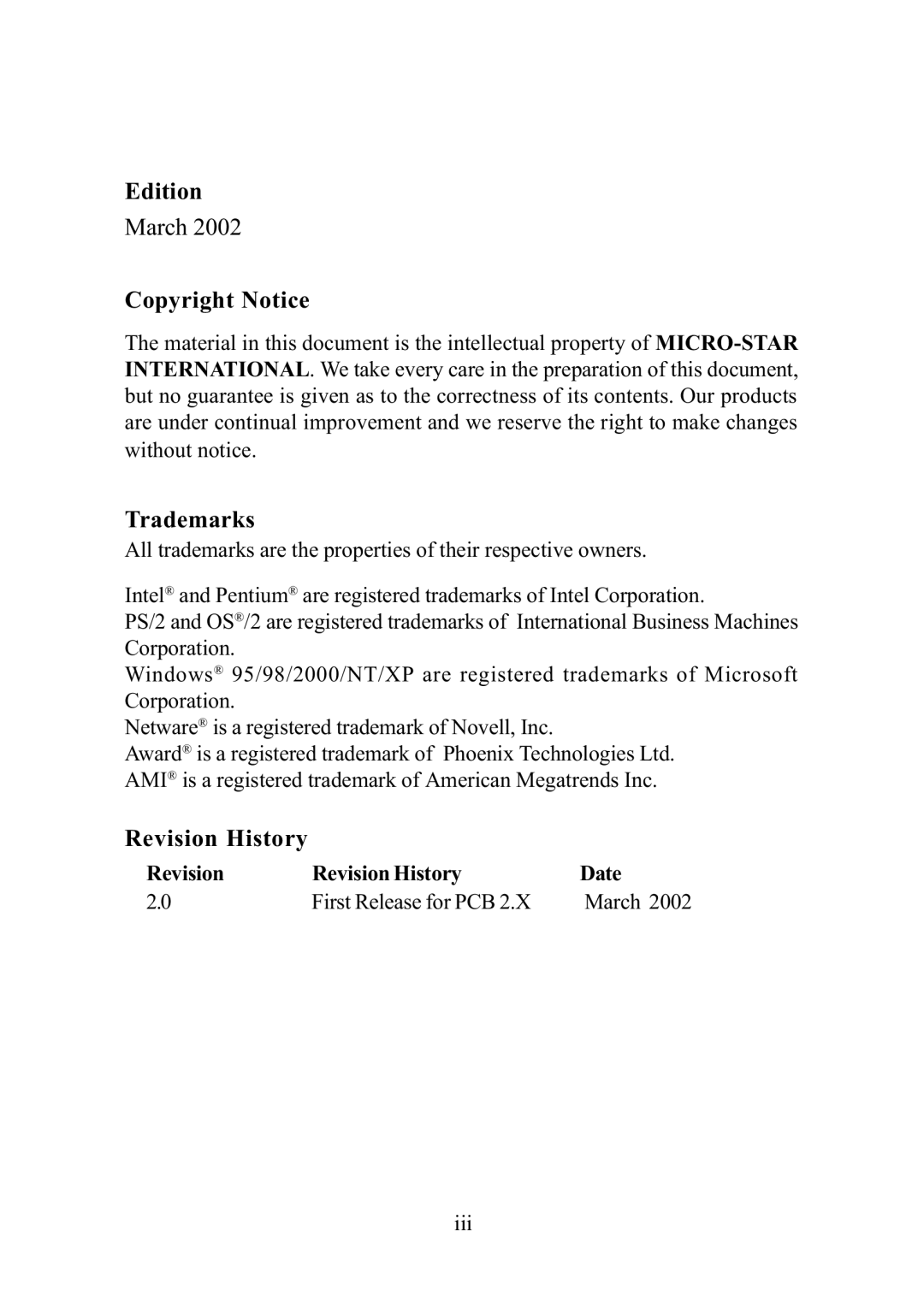 MSI ms-6382 manual Revision Revision History Date First Release for PCB, Iii 