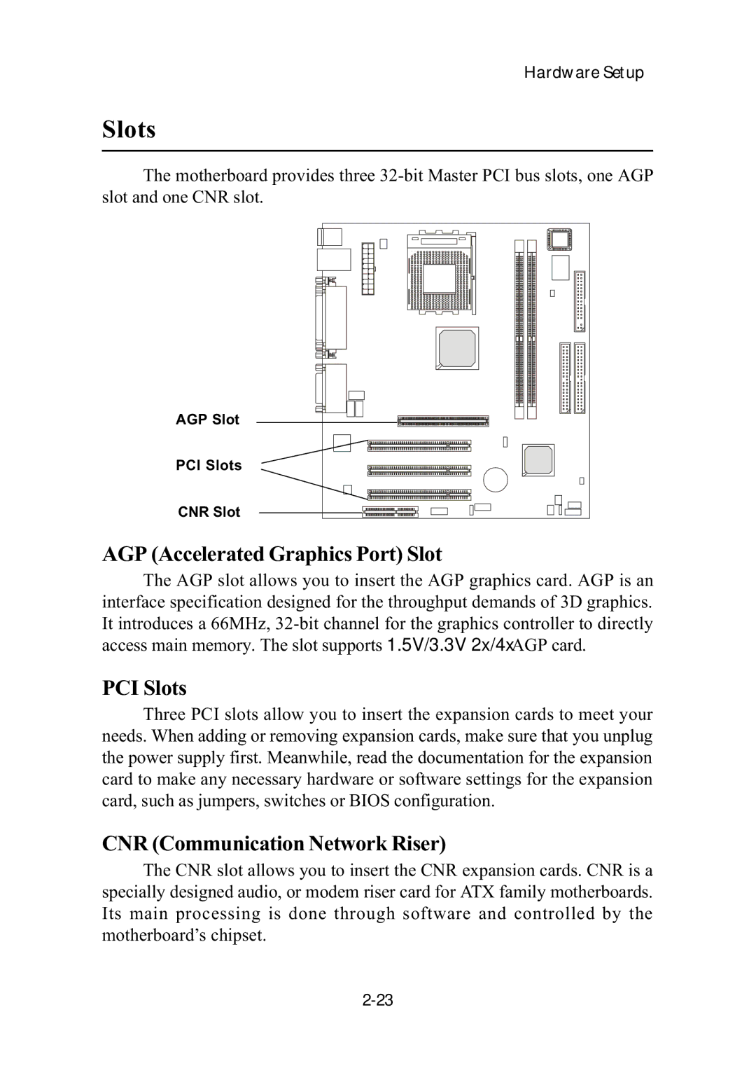 MSI ms-6382 manual AGP Accelerated Graphics Port Slot, PCI Slots, CNR Communication Network Riser 