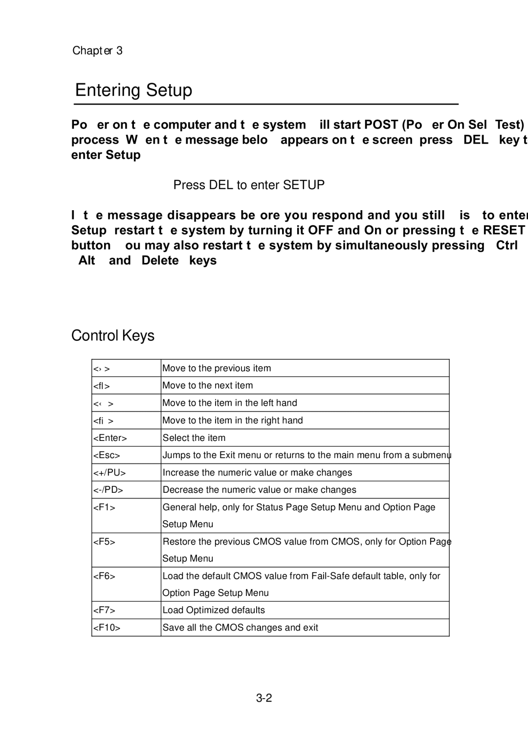 MSI ms-6382 manual Entering Setup, Control Keys 