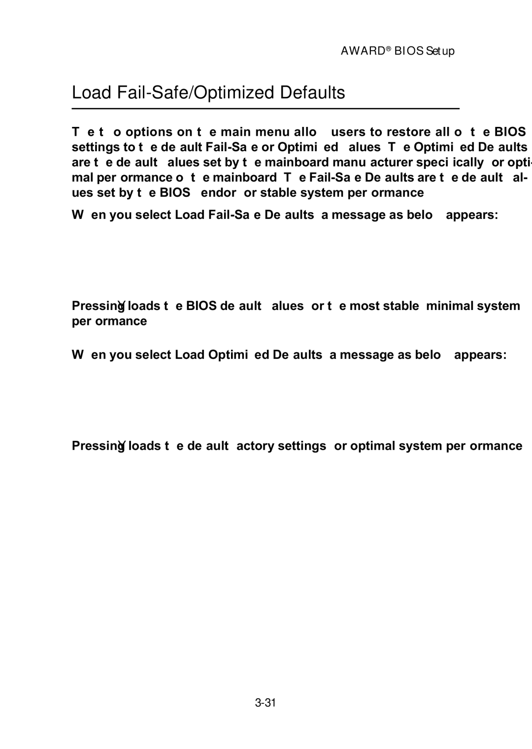 MSI ms-6382 manual Load Fail-Safe/Optimized Defaults 