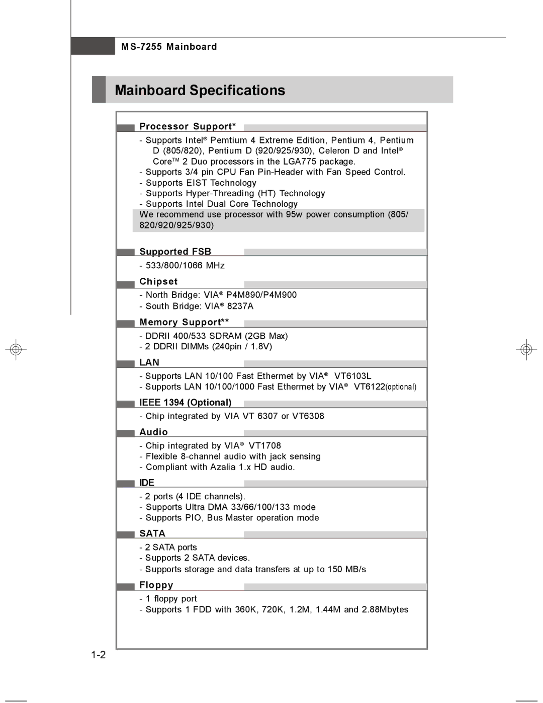 MSI MS-7255 manual Mainboard Specifications, Lan, Ide, Sata 