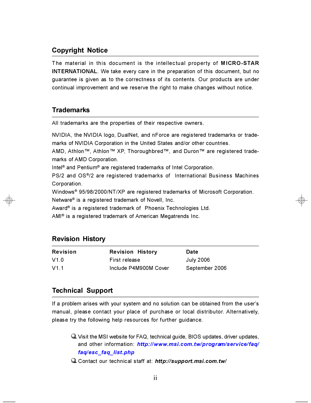 MSI MS-7255 manual Copyright Notice, Trademarks, Technical Support, Revision Revision History Date 