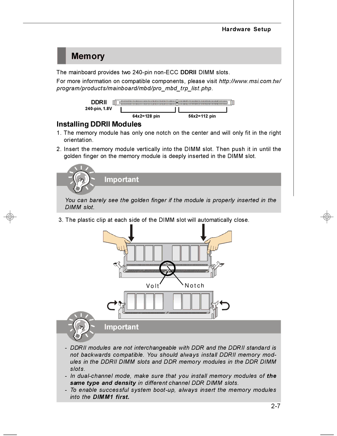 MSI MS-7255 manual Memory, Installing Ddrii Modules 