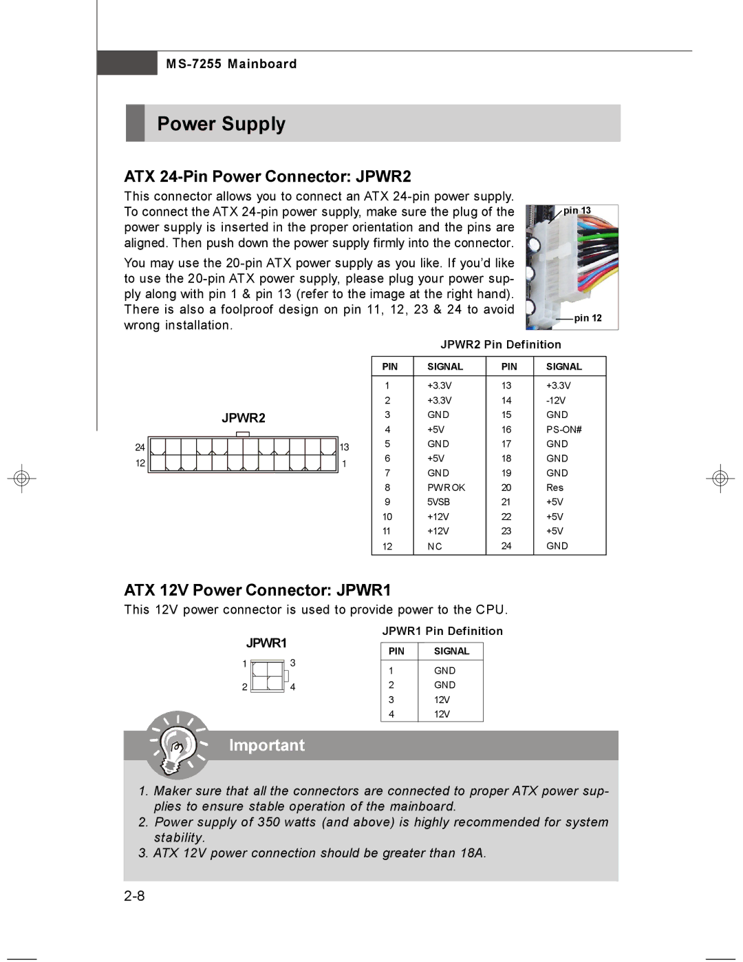 MSI MS-7255 manual Power Supply, ATX 24-Pin Power Connector JPWR2, ATX 12V Power Connector JPWR1 