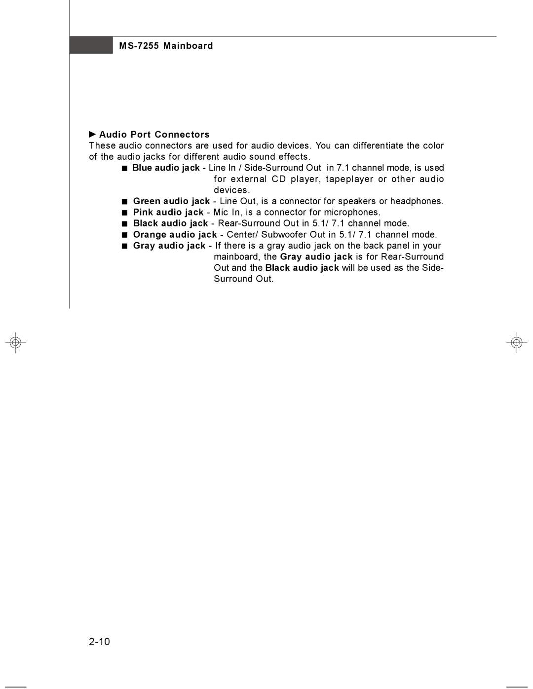 MSI manual MS-7255 Mainboard Audio Port Connectors 