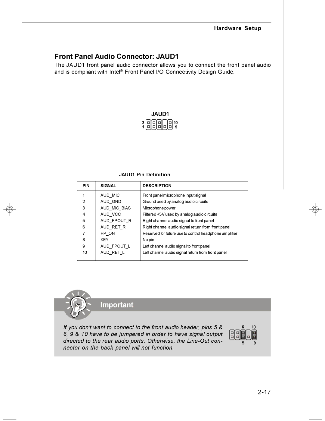 MSI MS-7255 manual Front Panel Audio Connector JAUD1 