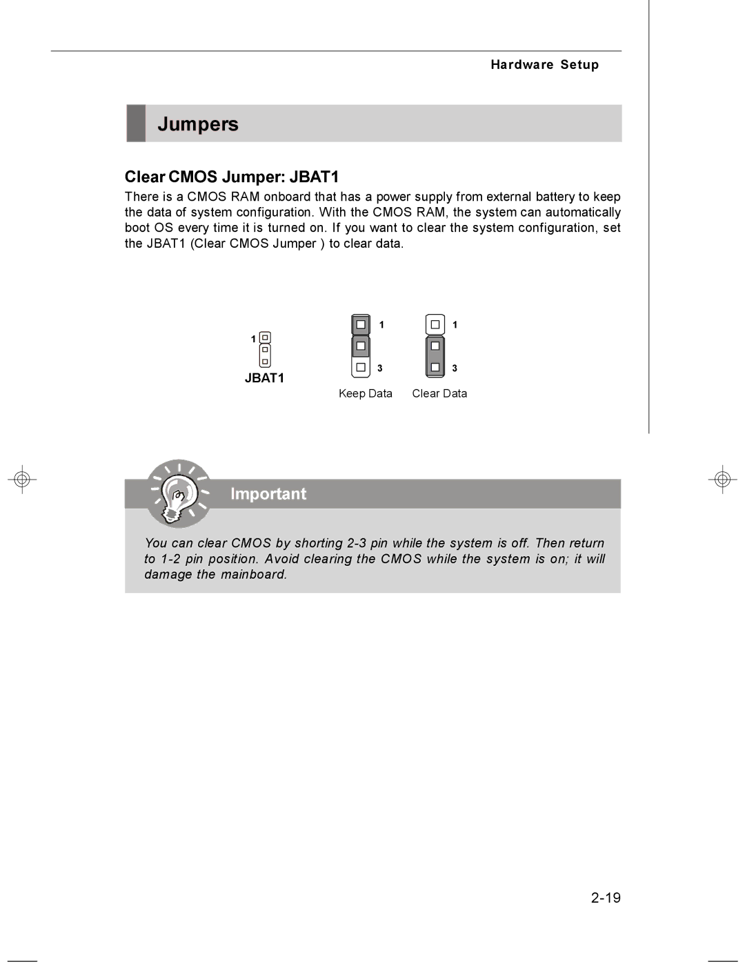 MSI MS-7255 manual Jumpers, Clear Cmos Jumper JBAT1 