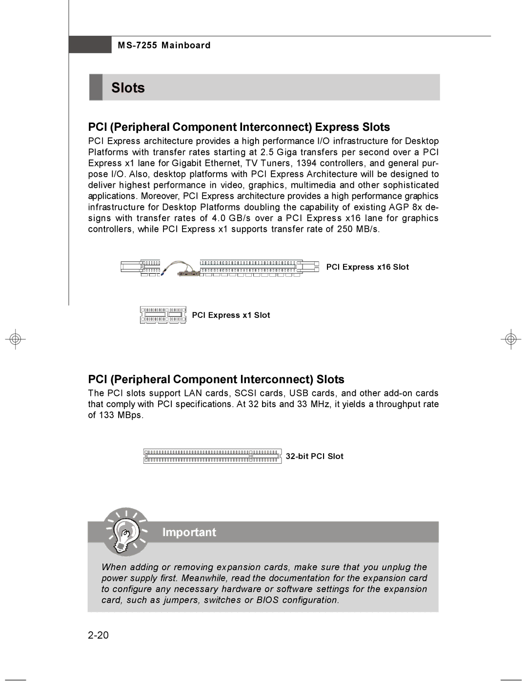 MSI MS-7255 manual PCI Peripheral Component Interconnect Express Slots, PCI Peripheral Component Interconnect Slots 