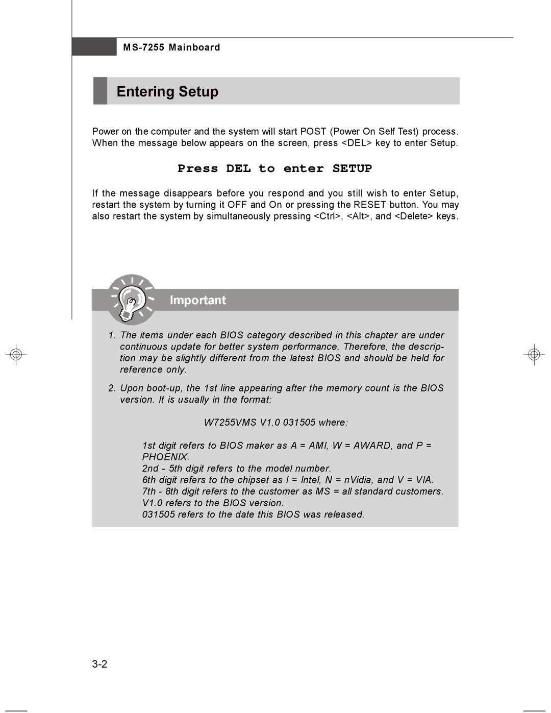 MSI MS-7255 manual Entering Setup, Press DEL to enter Setup 