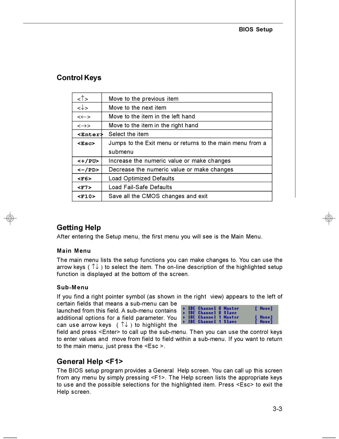 MSI MS-7255 manual Control Keys, Getting Help, General Help F1, Main Menu, Sub-M enu 