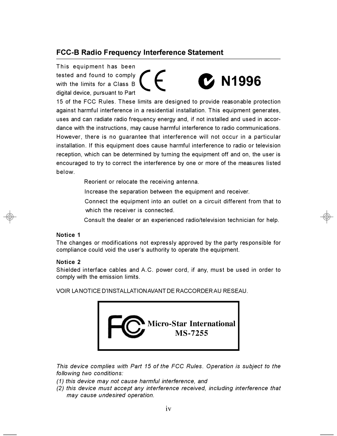 MSI manual Micro-Star International MS-7255, FCC-B Radio Frequency Interference Statement 