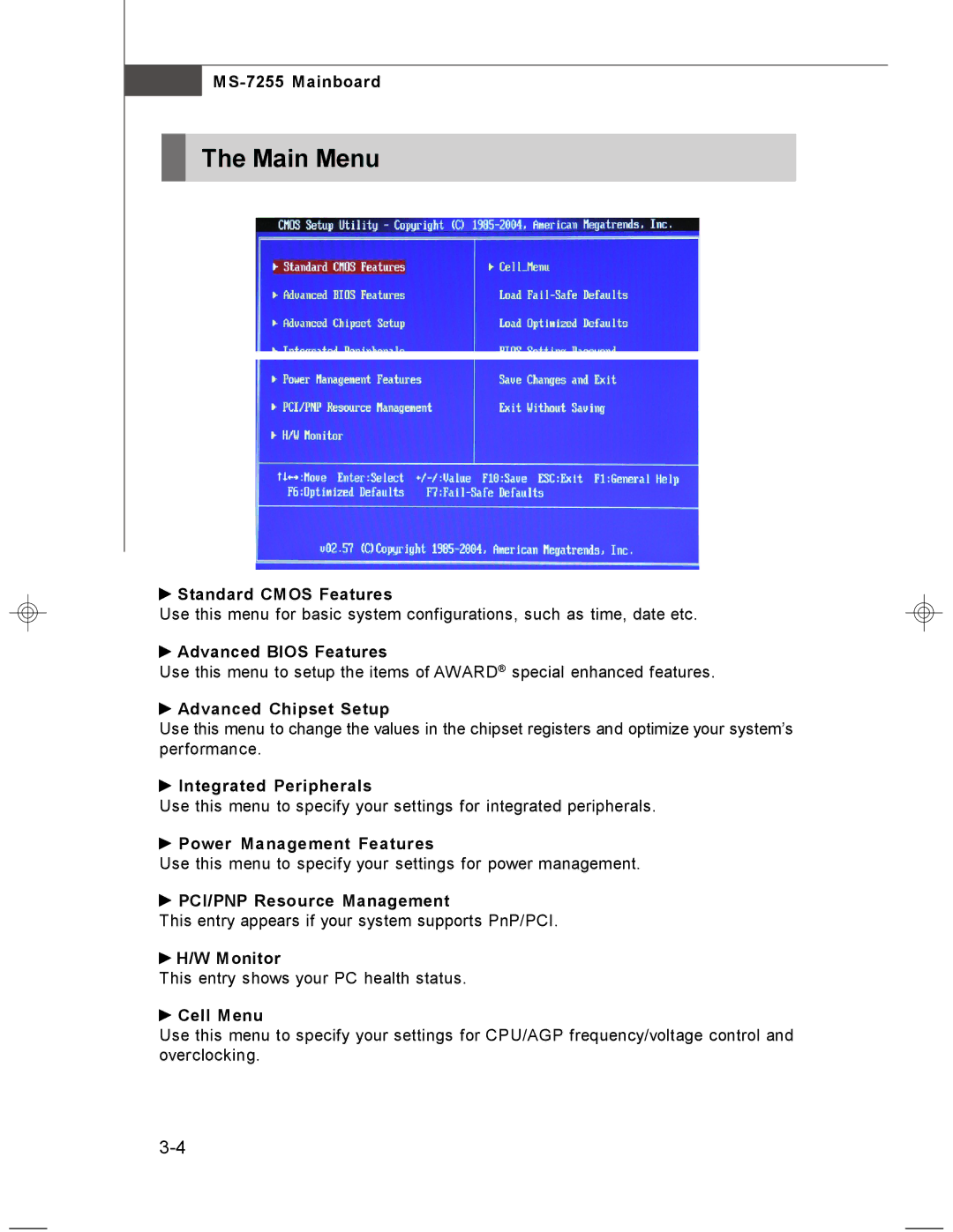 MSI MS-7255 manual Main Menu 