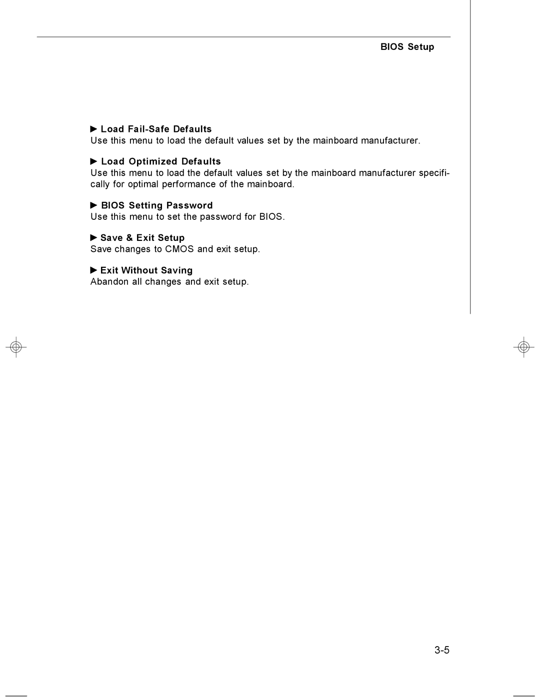 MSI MS-7255 manual Bios Setup Load Fail-Safe Defaults, Load Optimized Defaults, Bios Setting Password, Save & Exit Setup 