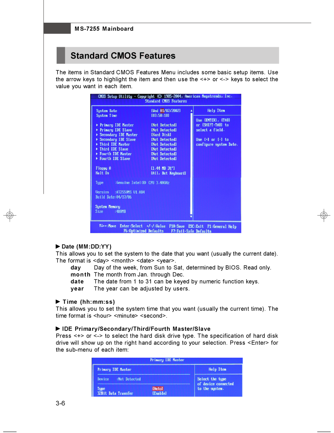 MSI MS-7255 manual Standard Cmos Features, Date Mmddyy, Time hhmmss, IDE Primary/Secondary/Third/Fourth Master/Slave 